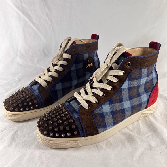 CHRISTIAN LOUBOUTIN Multicolor Blue Spikes Flat Crosta High Top Sneakers 43-10US - Picture 3 of 17